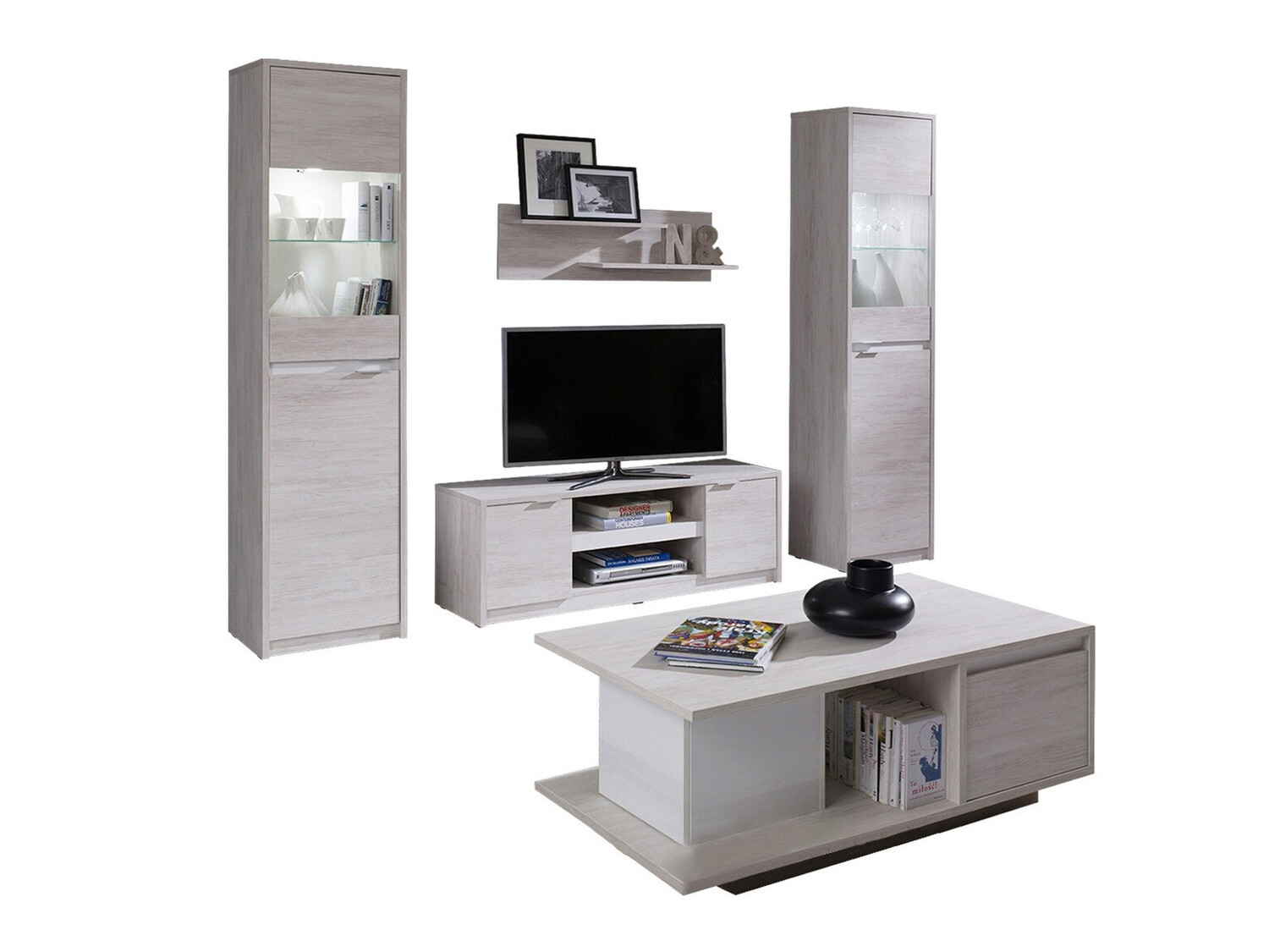 Woonkamerset Fivelbo 114 (Gebleekt eiken + Glanzend wit)