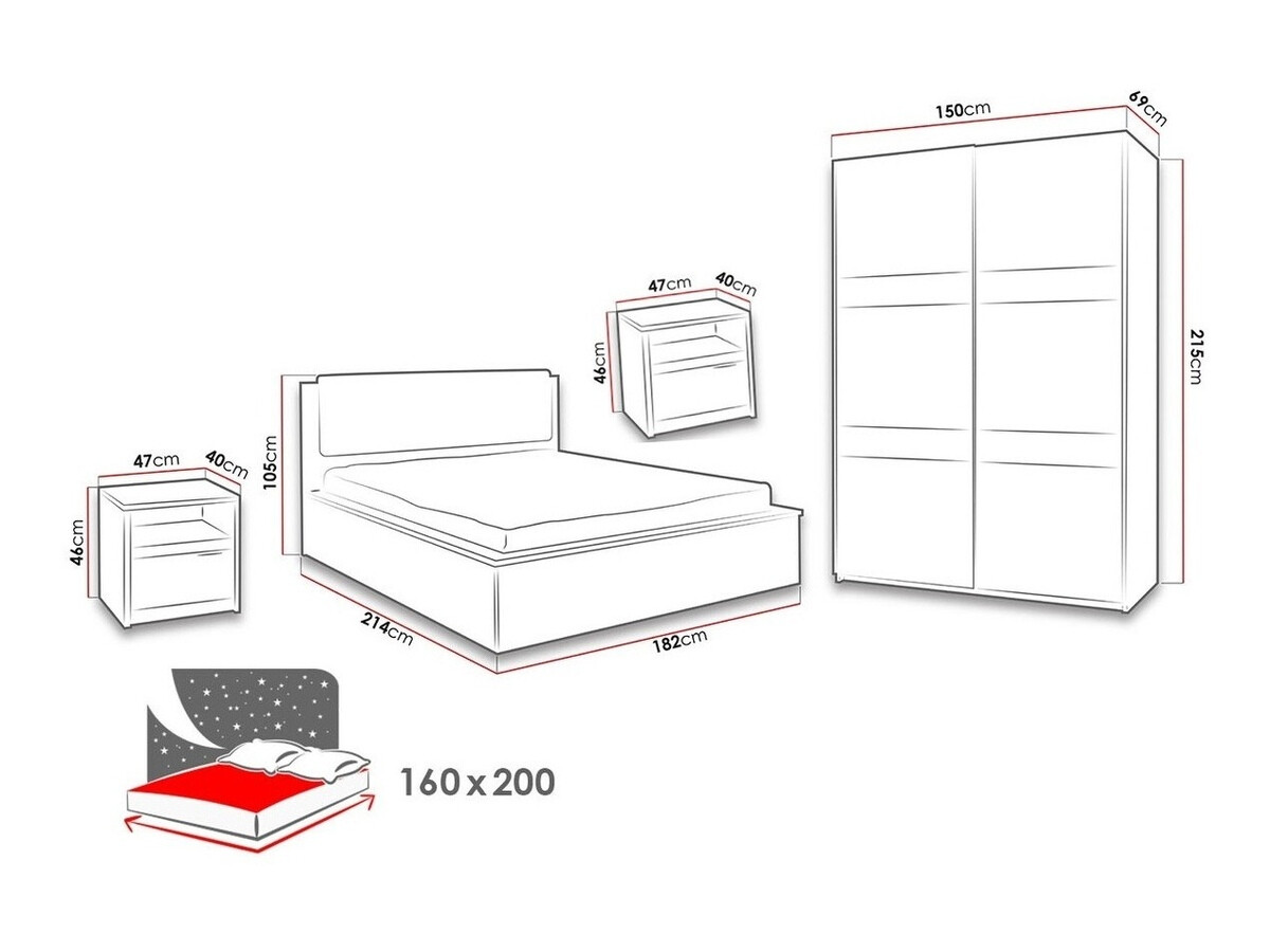 Slaapkamer set Fivelbo 119 (Klooster eik + Glanzend zwart)
