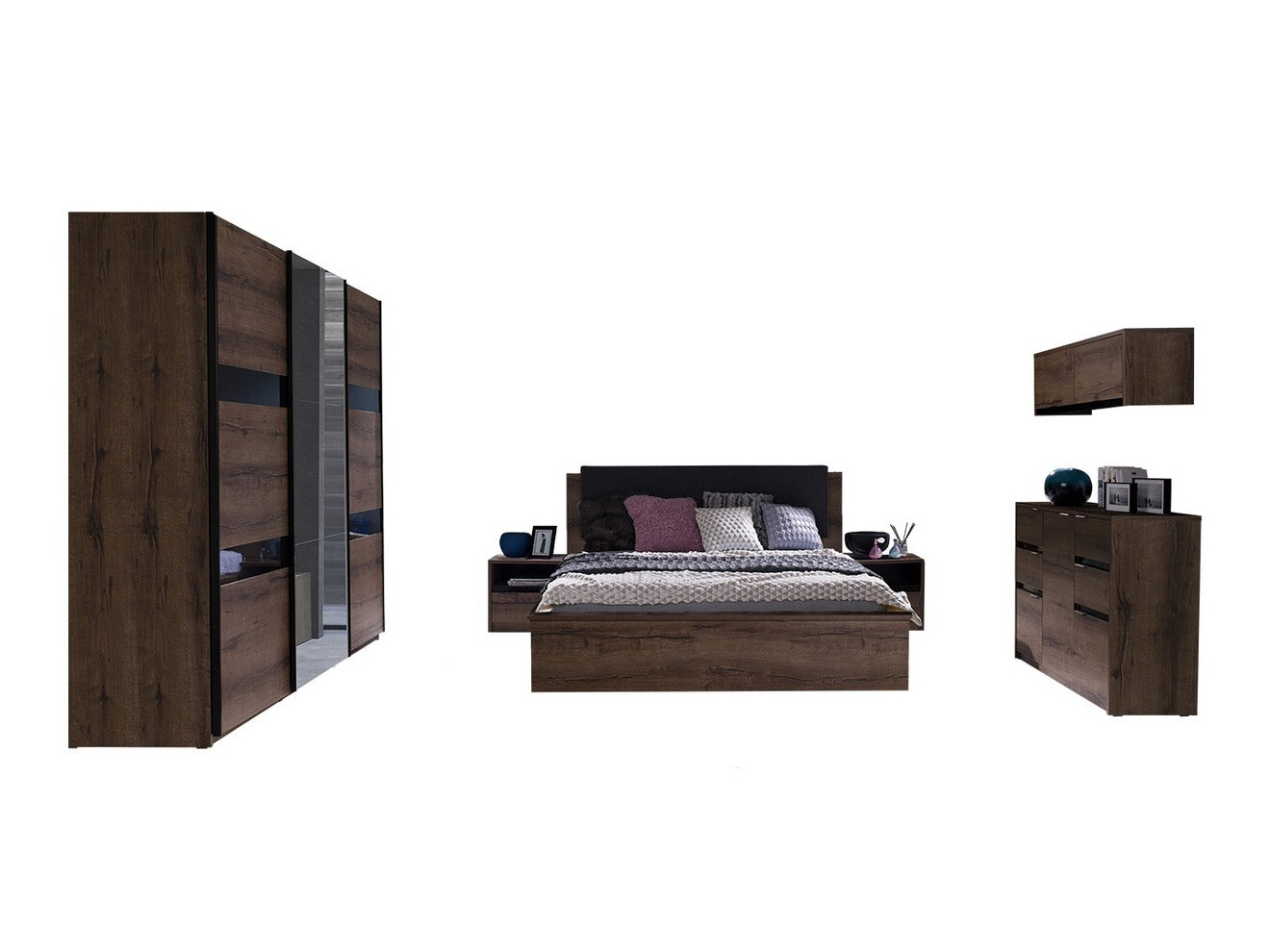 Slaapkamer set Fivelbo 120 (Klooster eik + Glanzend zwart)