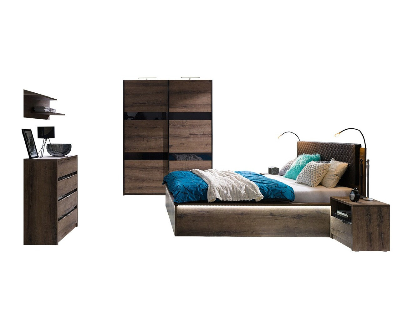 Slaapkamer set Fivelbo 121 (Klooster eik + Glanzend zwart)