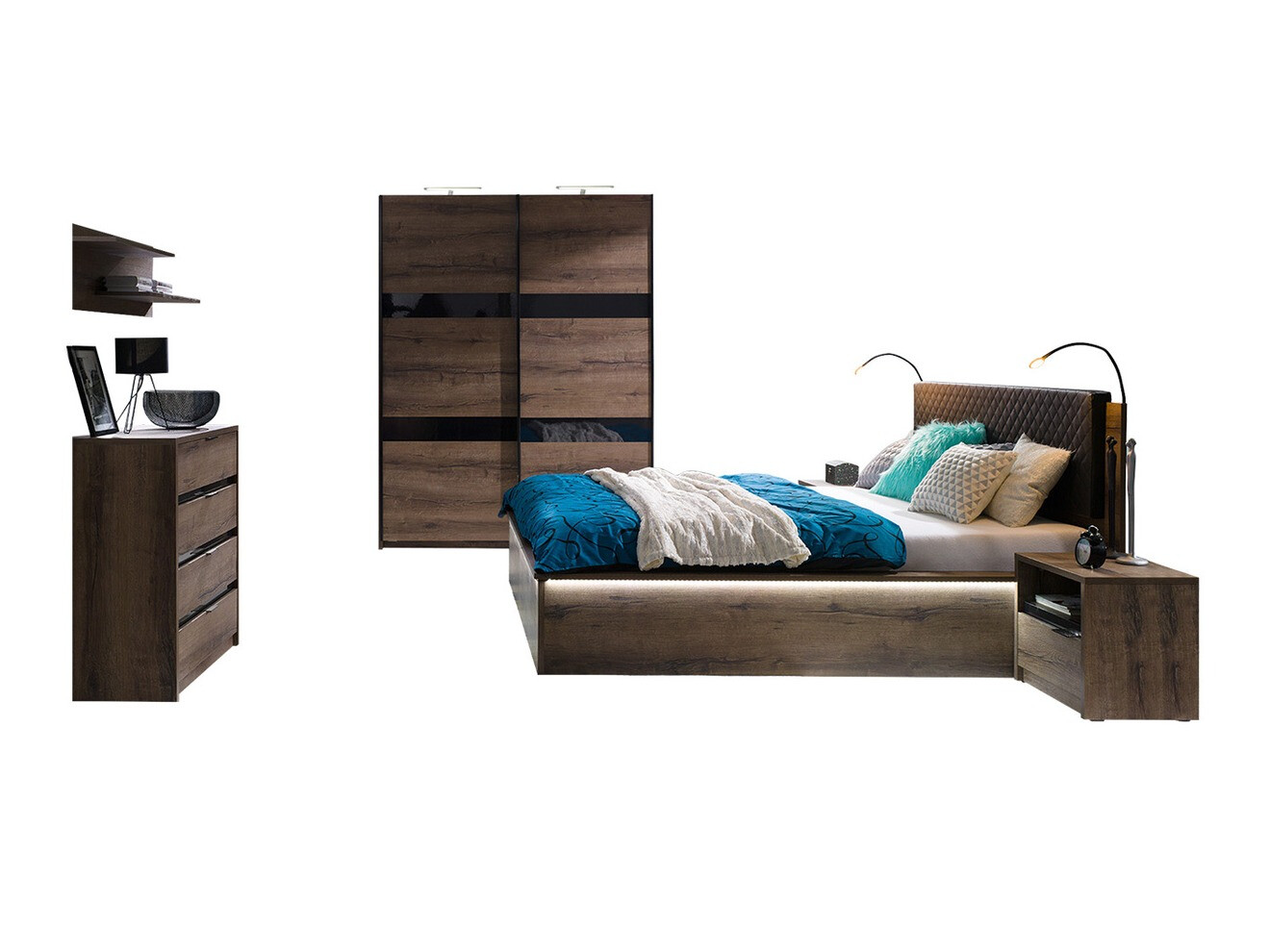 Slaapkamer set Fivelbo 121 (Klooster eik + Glanzend zwart)