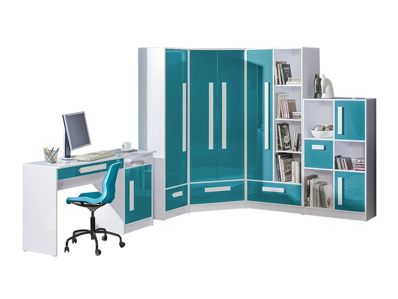 De reeks van de kinderkamer Merevari 107 (Wit + Glans Turquoise)