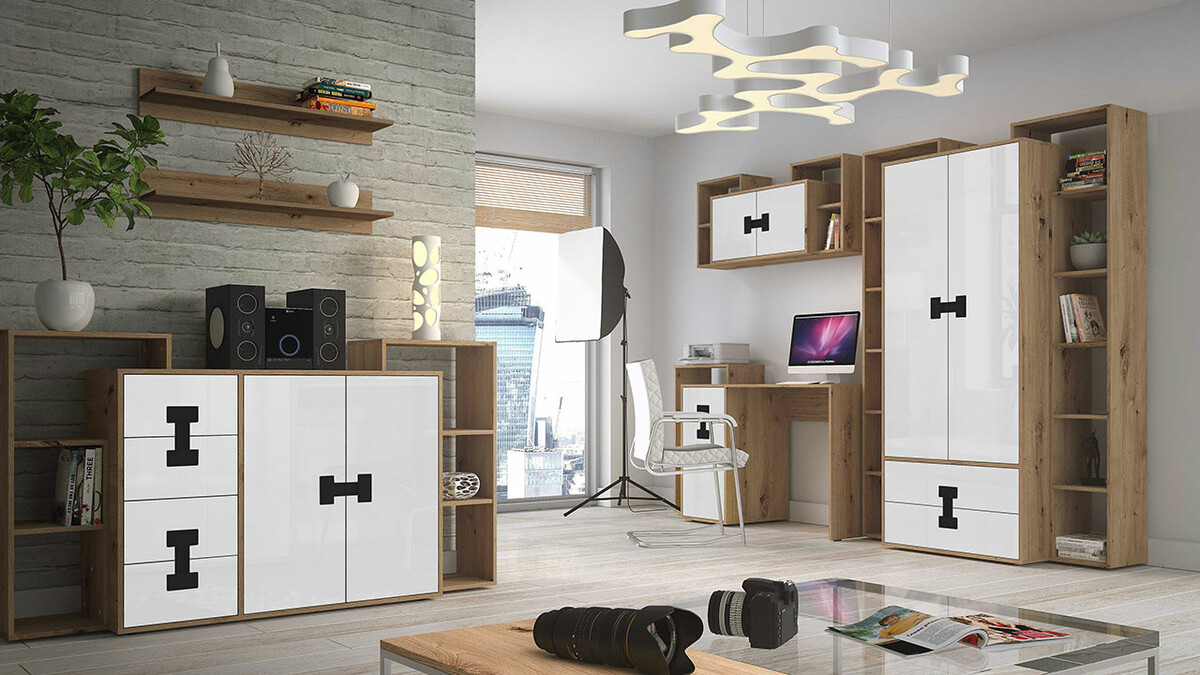 Kledingkast Florevi 113 (Glanzend wit + Artisan eiken)