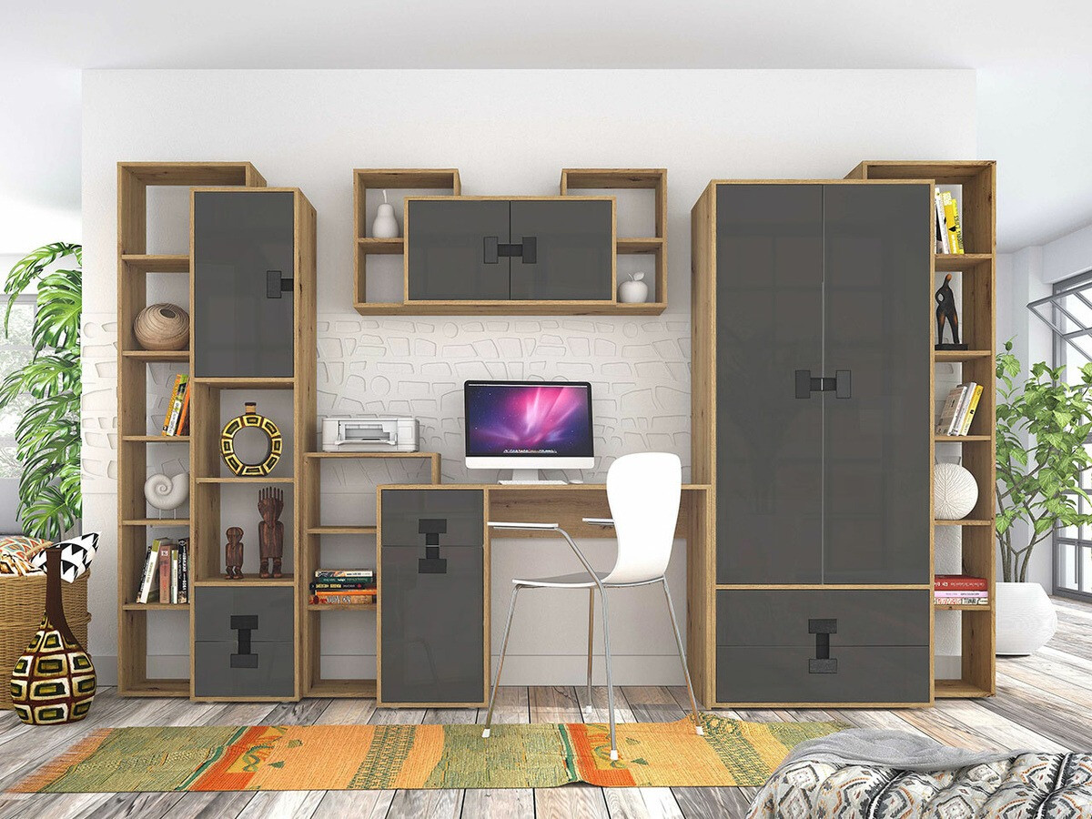 Thuiskantoorset Florevi 104 (Grijs met glans + Artisan eiken)