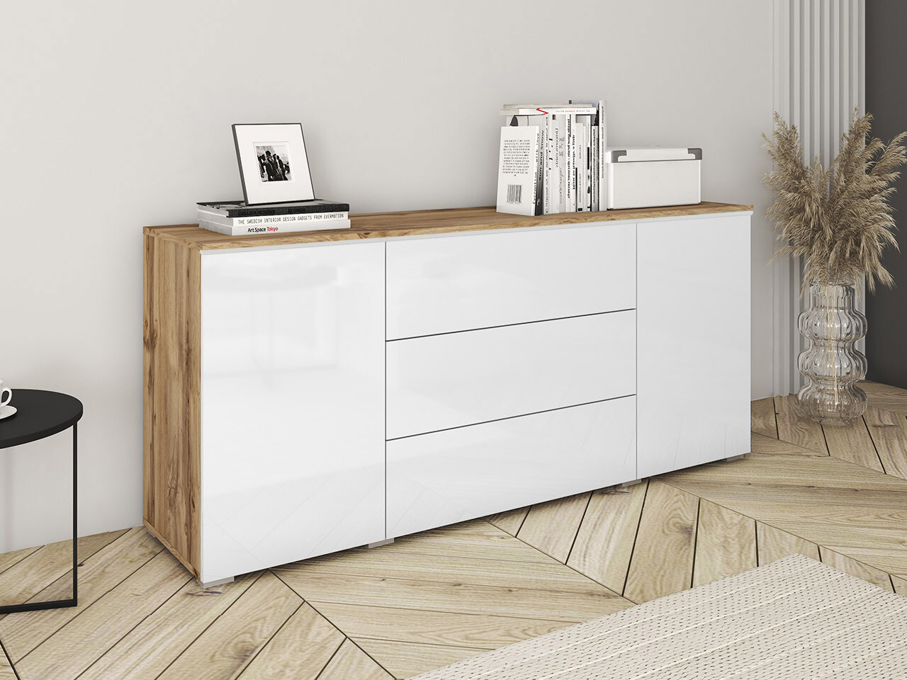Ladekast Mirfivo 102 (Wotan eik + Glanzend wit)
