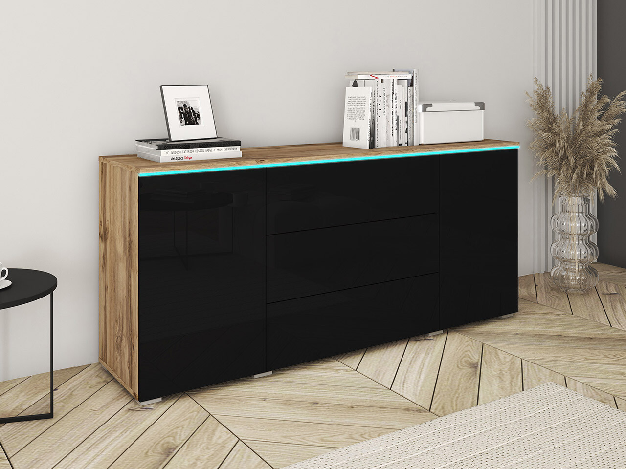 Ladekast Sarasota 142 (Wotan eik + Glanzend zwart)