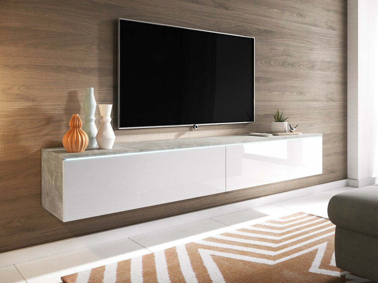 TV-meubel Scientia I (Beton + Glanzend wit)