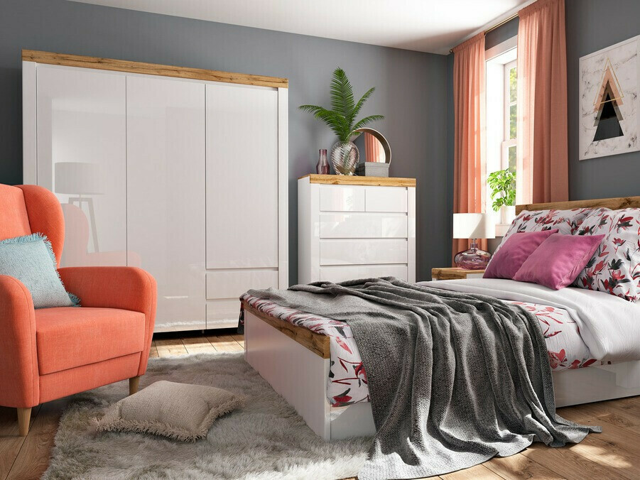 Kledingkast Sonsoru 120 (Wit + Glanzend wit + Wotan eik)