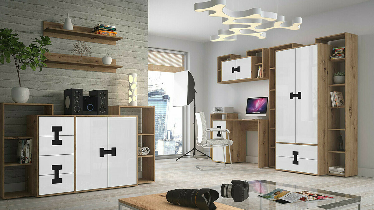 Ladekast Florevi 102 (Glanzend wit + Artisan eiken)