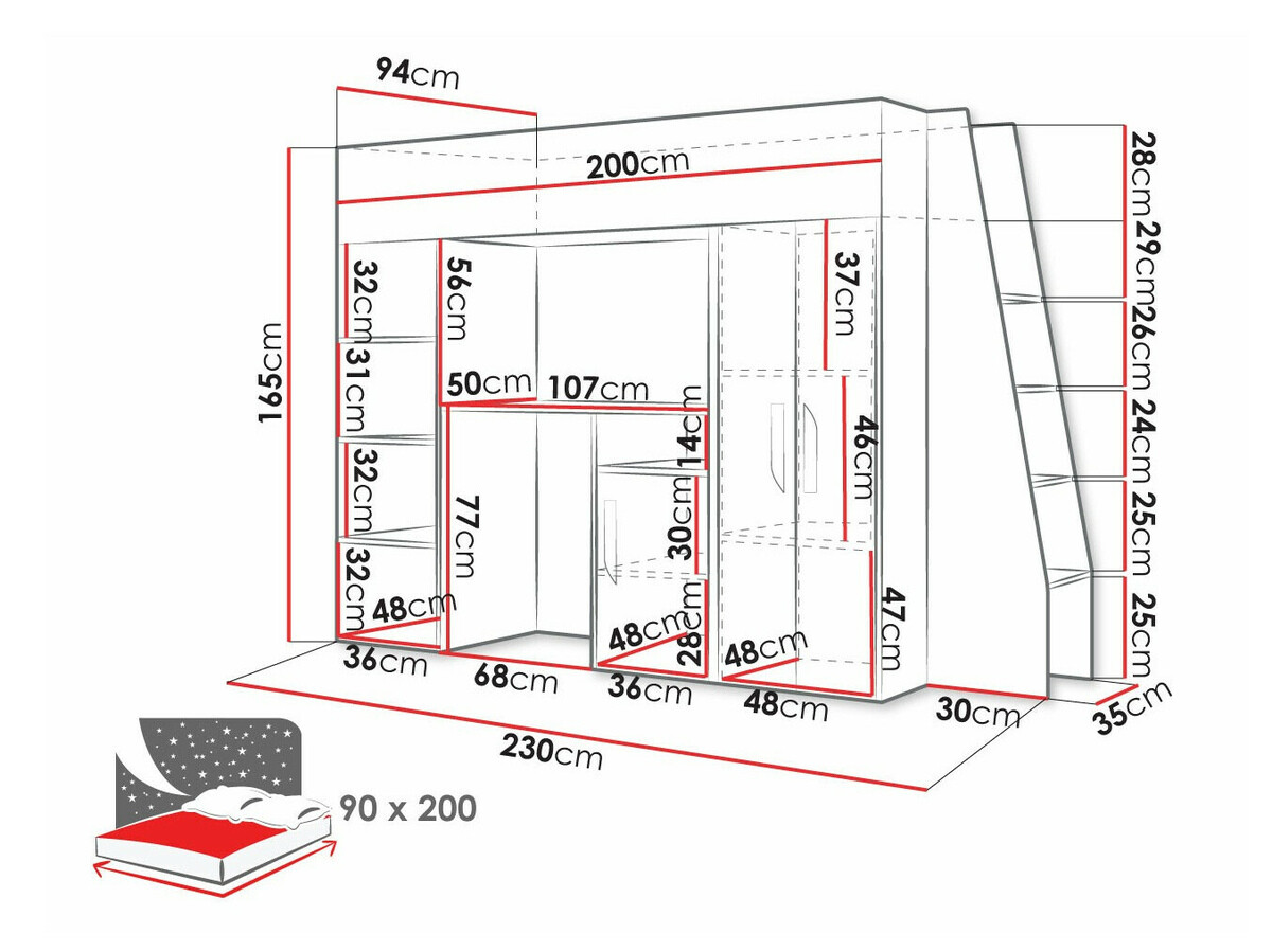 Hoog bed Hartford 355 (Wit + Grijs met glans + Glanzend wit)