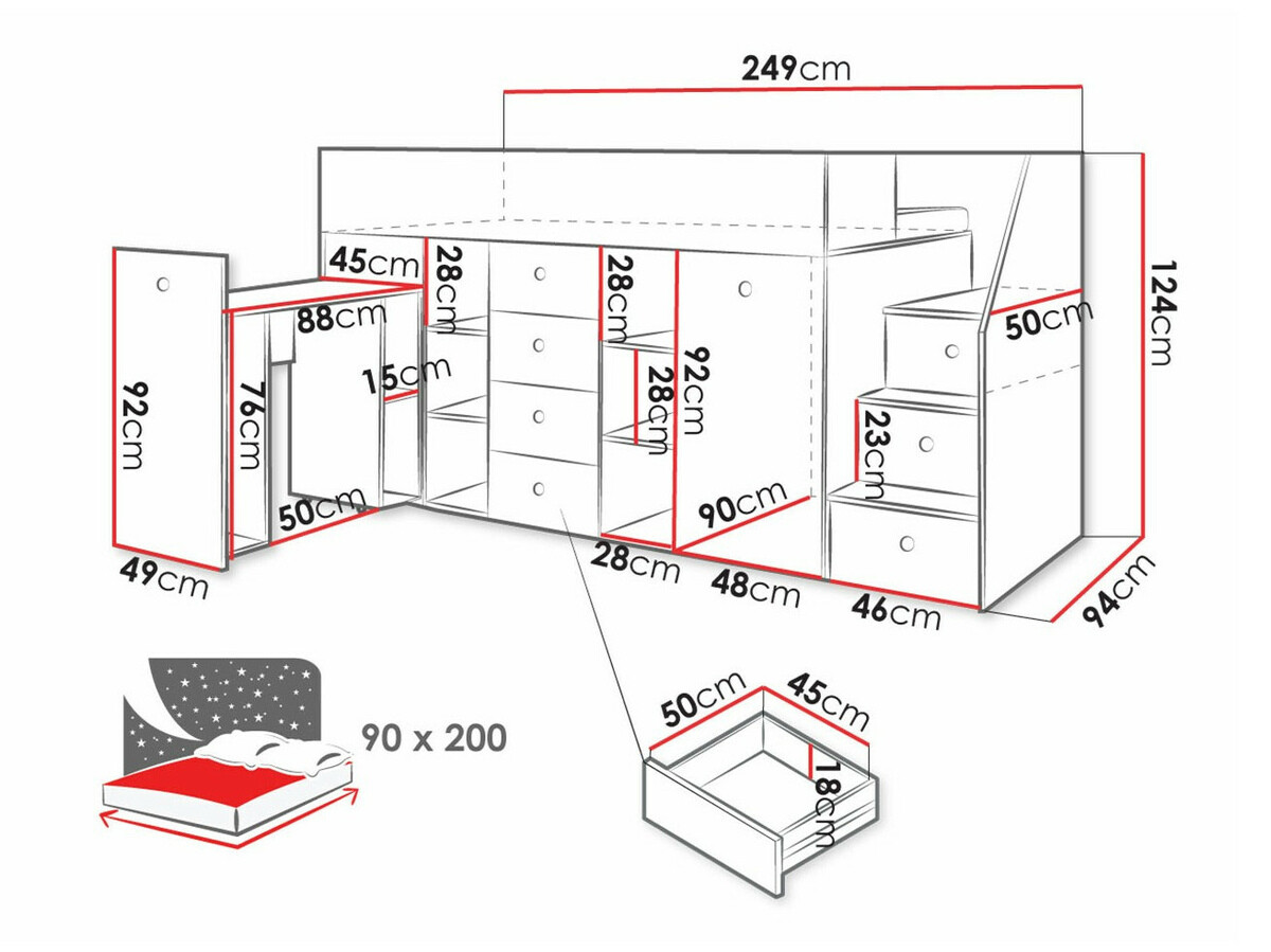 Hoog bed Hartford 361 (Artisan eiken + Wit)