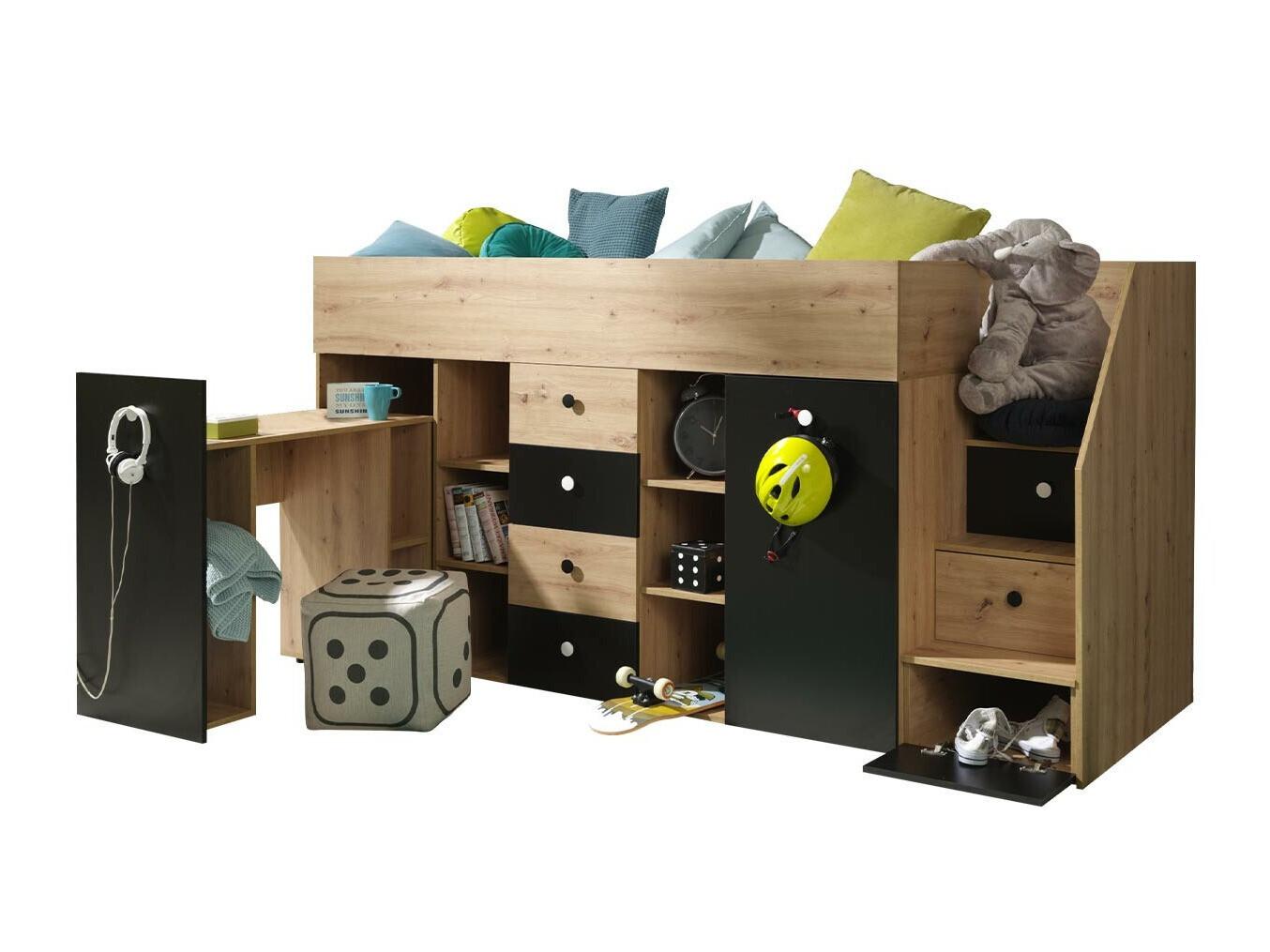 Hoog bed Hartford 361 (Artisan eiken + Zwart)