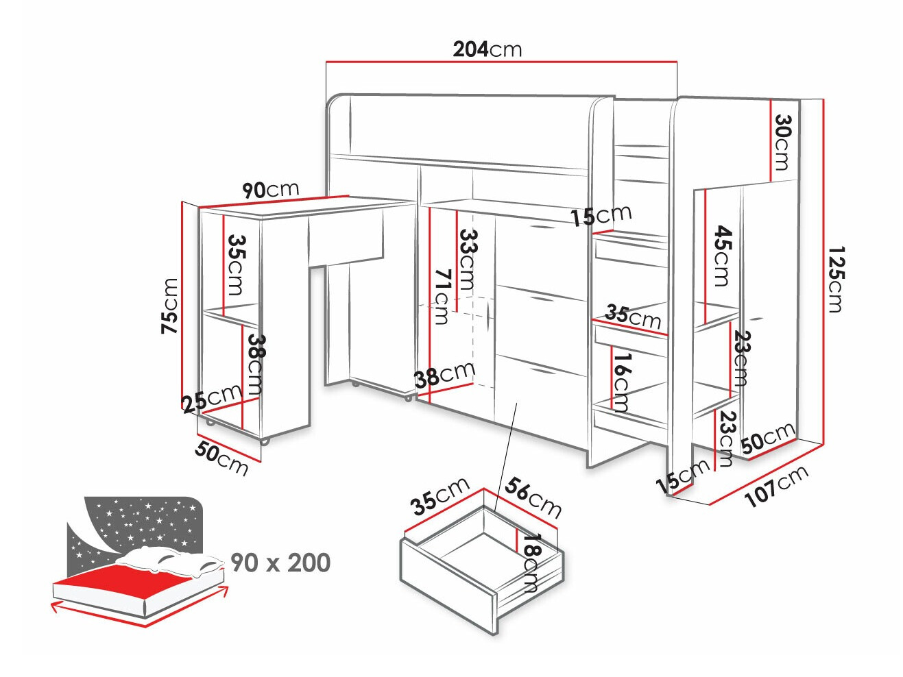 Hoog bed Hartford 363 (Beton + Wit)