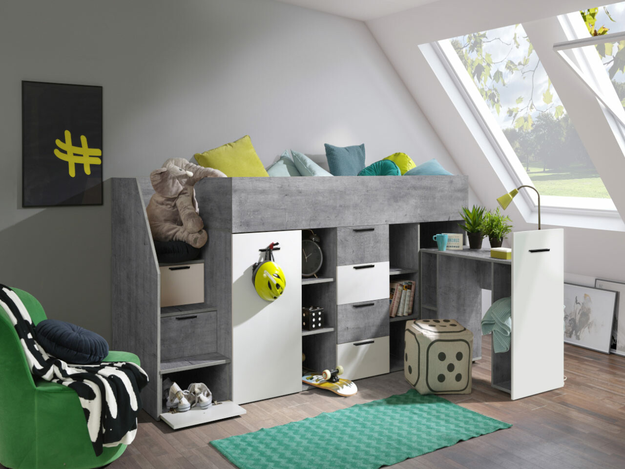 Hoog bed Hartford 364 (Beton + Wit)
