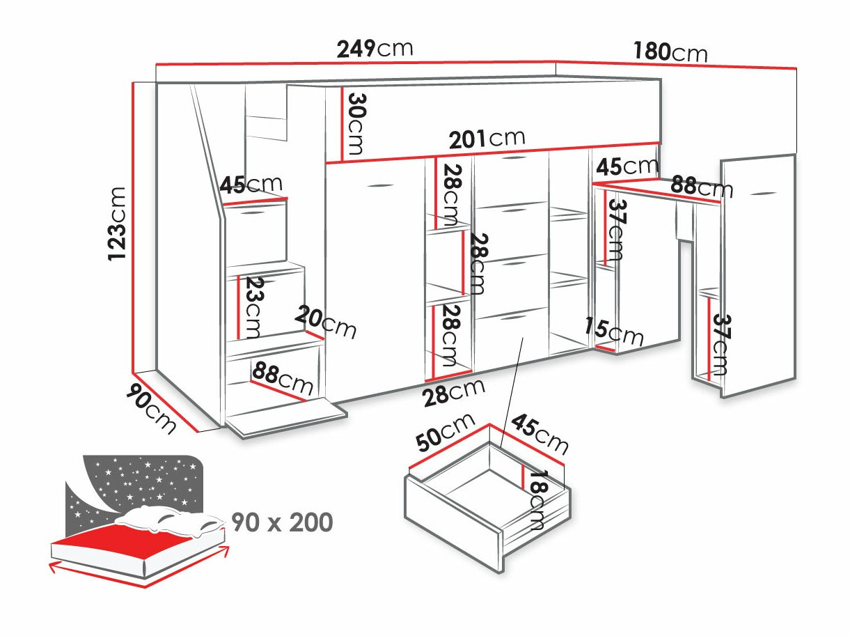 Hoog bed Hartford 364 (Beton + Wit)