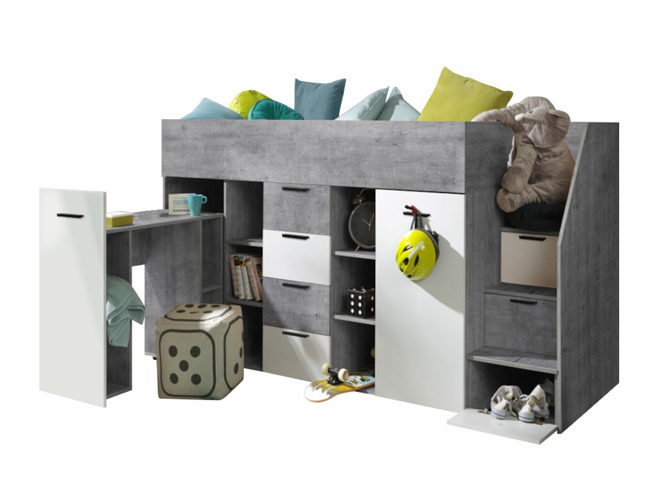 Hoog bed Hartford 364 (Beton + Wit)