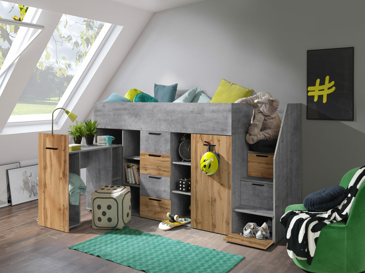 Hoog bed Hartford 364 (Beton + Wotan eik)