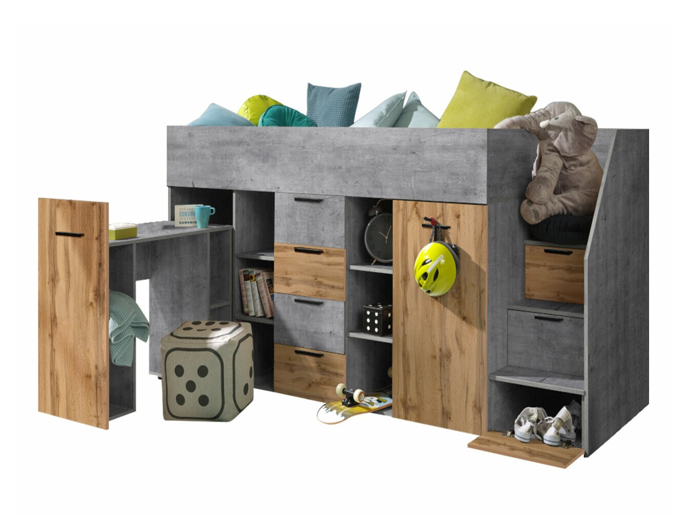 Hoog bed Hartford 364 (Beton + Wotan eik)