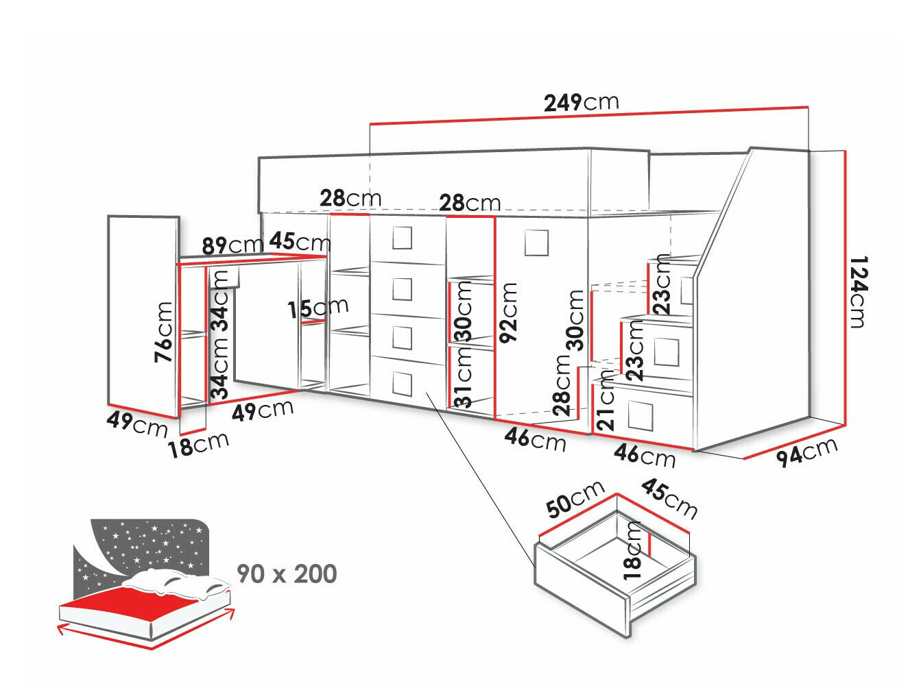 Hoog bed Hartford 366 (Wit + Glans Turquoise + Glanzend wit)