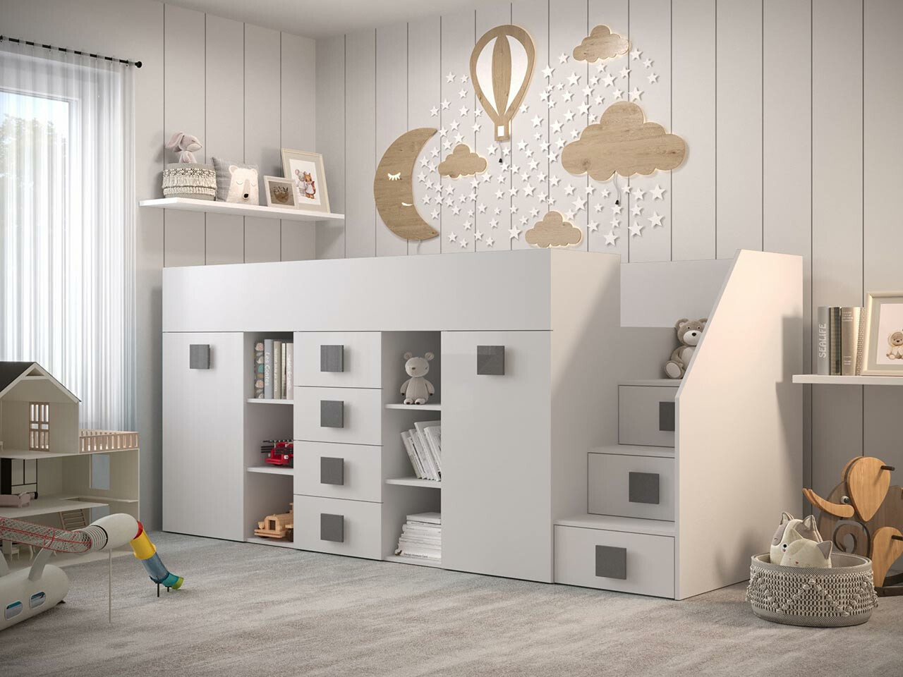 Hoog bed Hartford 366 (Wit + Glanzend wit + Grijs)