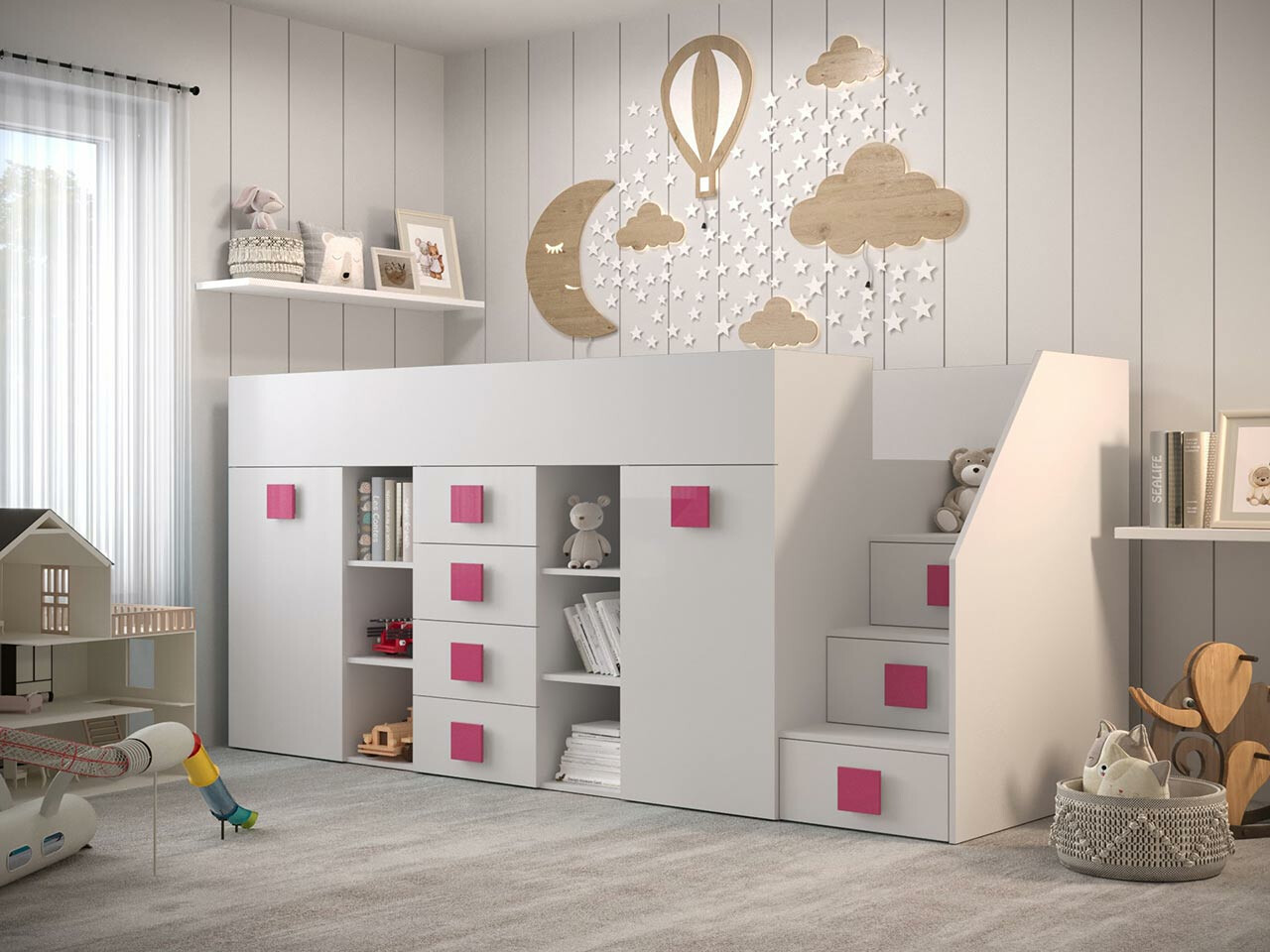 Hoog bed Hartford 366 (Wit + Glanzend wit + Roze)