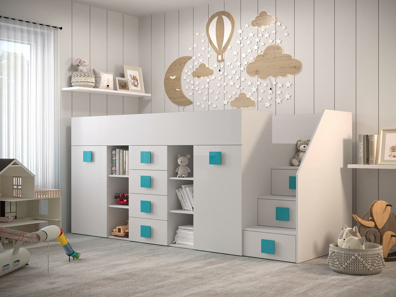 Hoog bed Hartford 366 (Wit + Glanzend wit + Turquoise)