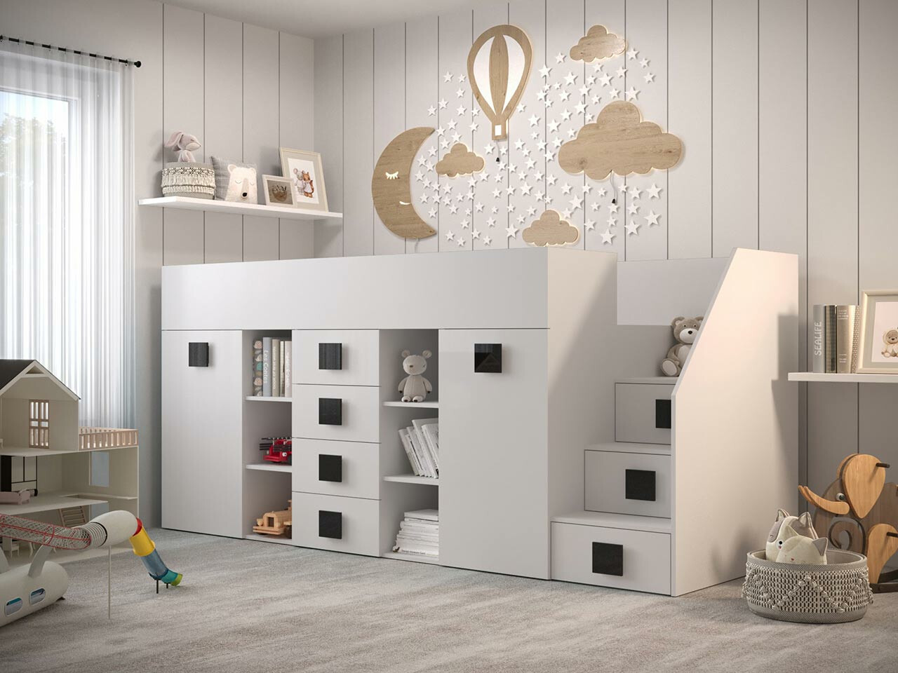 Hoog bed Hartford 366 (Wit + Glanzend wit + Zwart)