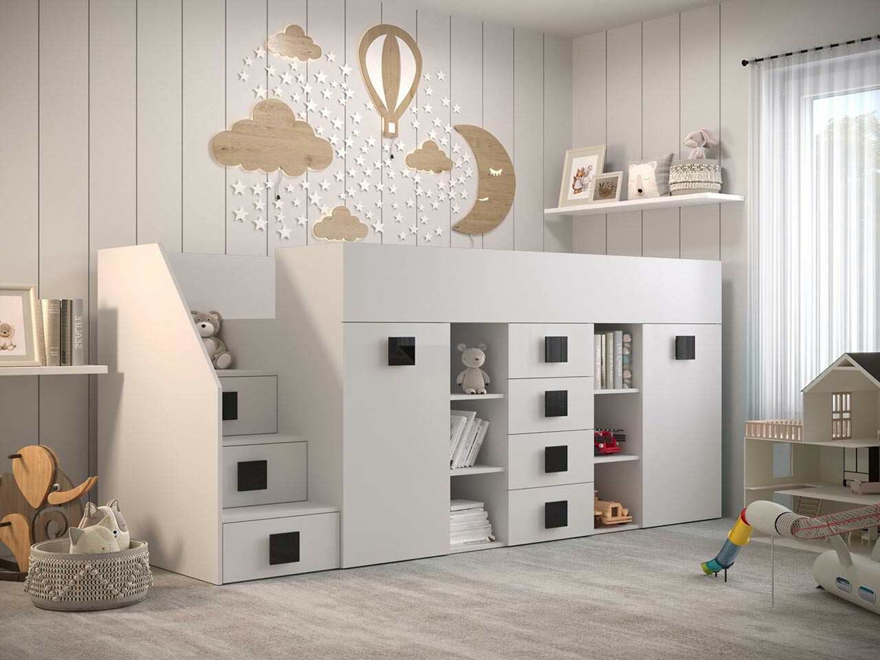 Hoog bed Hartford 366 (Wit + Glanzend wit + Zwart)