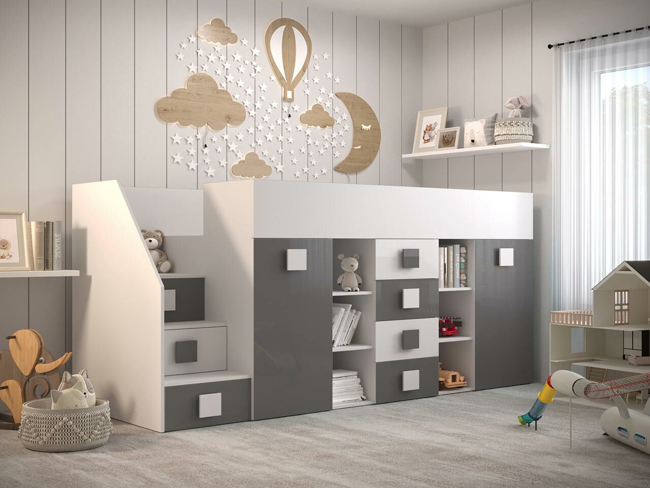 Hoog bed Hartford 366 (Wit + Grijs met glans + Glanzend wit)