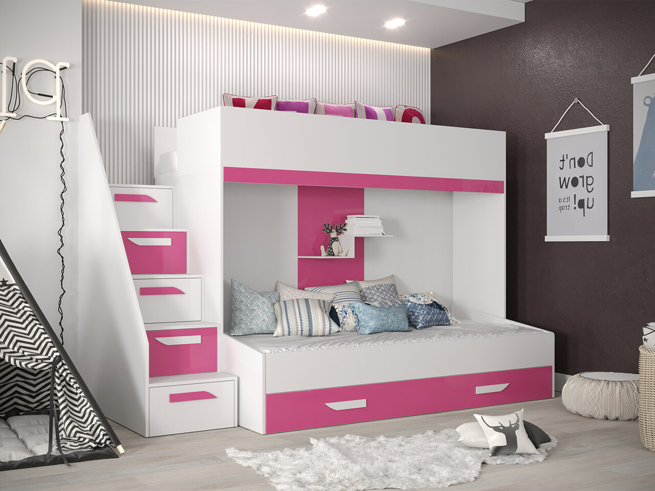 Stapelbed Hartford 356 (Wit + Glanzend roze + Glanzend wit)