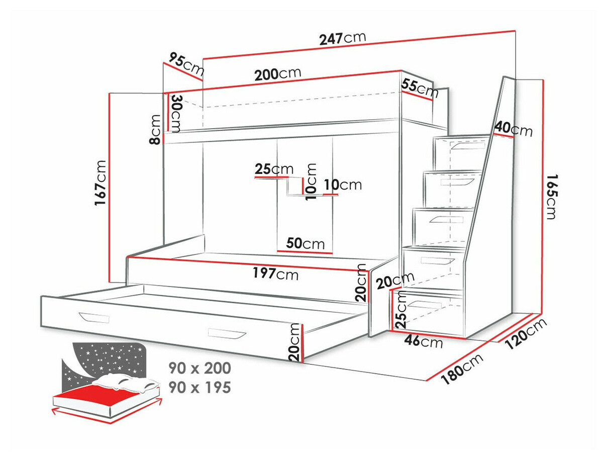 Stapelbed Hartford 356 (Wit + Glanzend zwart + Glanzend wit)