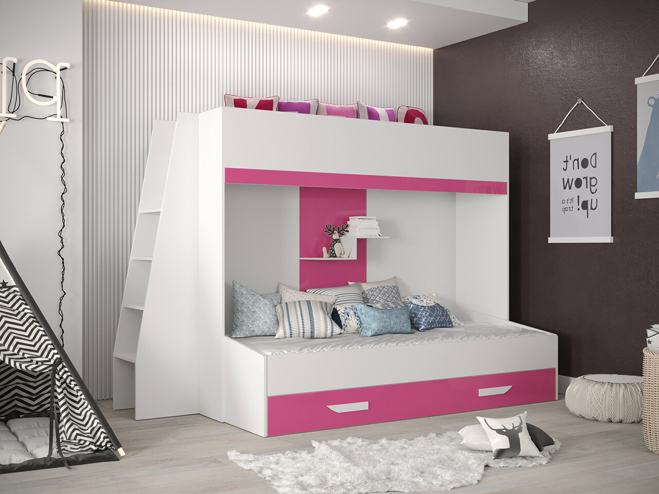 Stapelbed Hartford 357 (Wit + Glanzend roze + Glanzend wit)