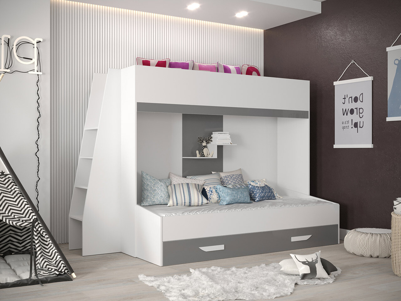 Stapelbed Hartford 357 (Wit + Grijs met glans + Glanzend wit)