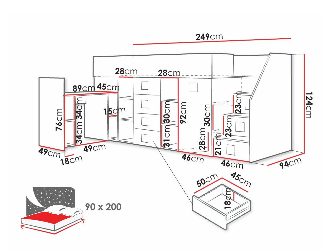 Hoog bed Hartford 366 (Wit + Glans Turquoise + Glanzend wit)