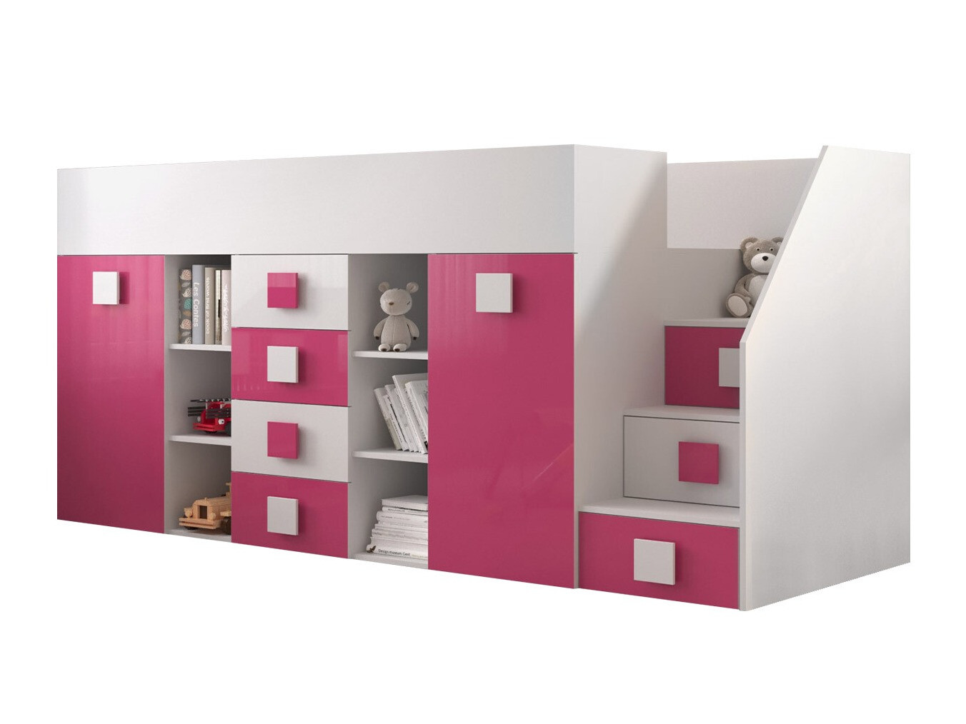 Hoog bed Hartford 366 (Wit + Glanzend roze + Glanzend wit)