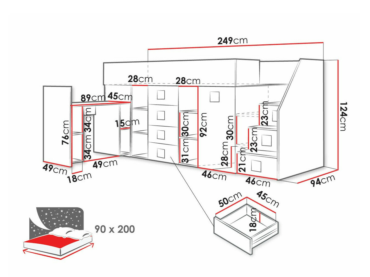 Hoog bed Hartford 366 (Wit + Glanzend wit + Zwart)