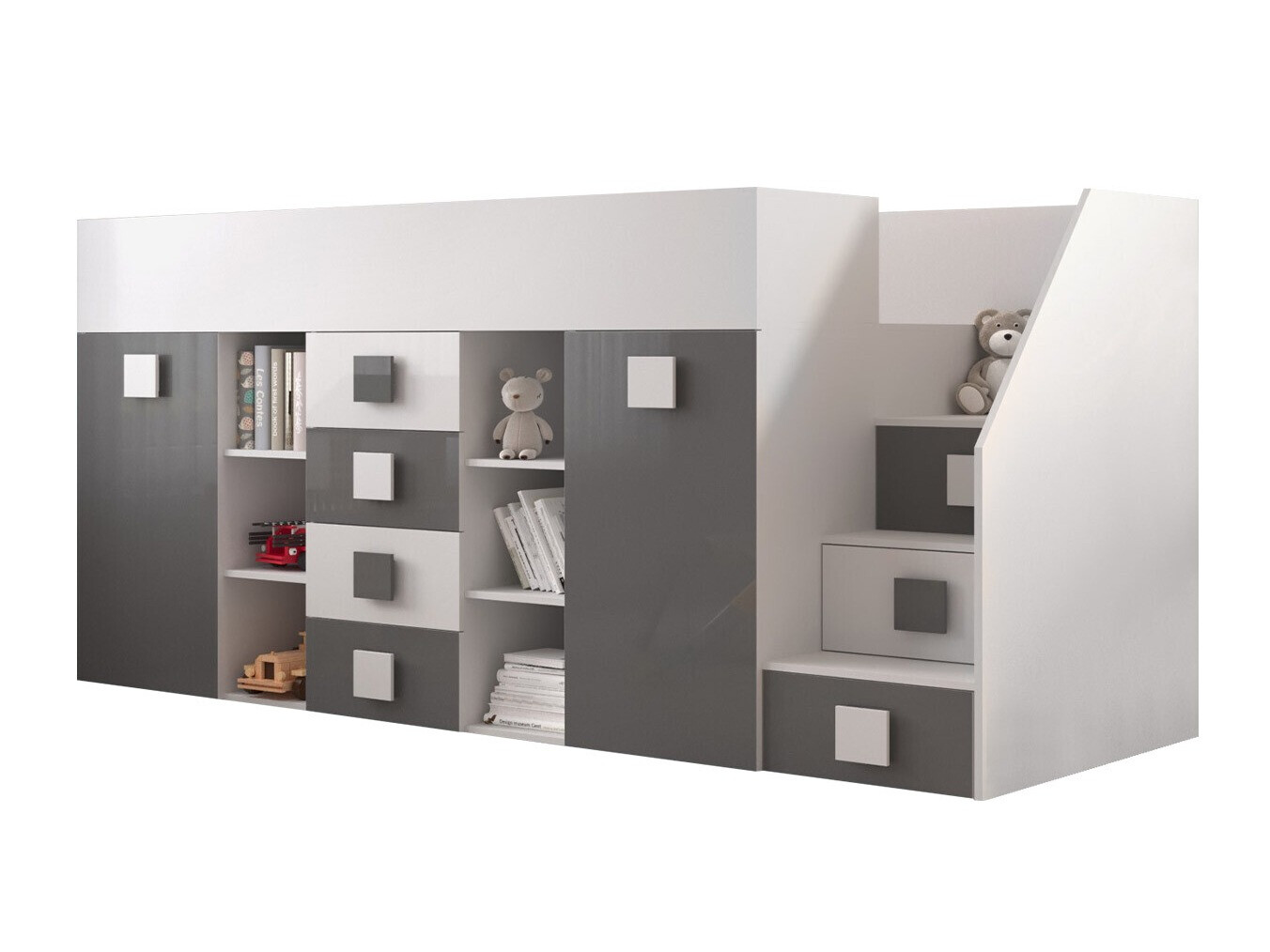 Hoog bed Hartford 366 (Wit + Grijs met glans + Glanzend wit)