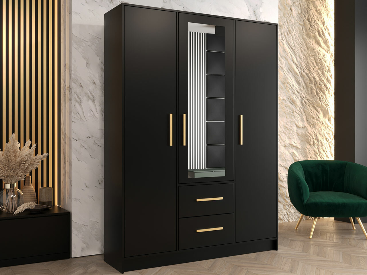 Kledingkast Hartford 373 (Zwart + Gouden)