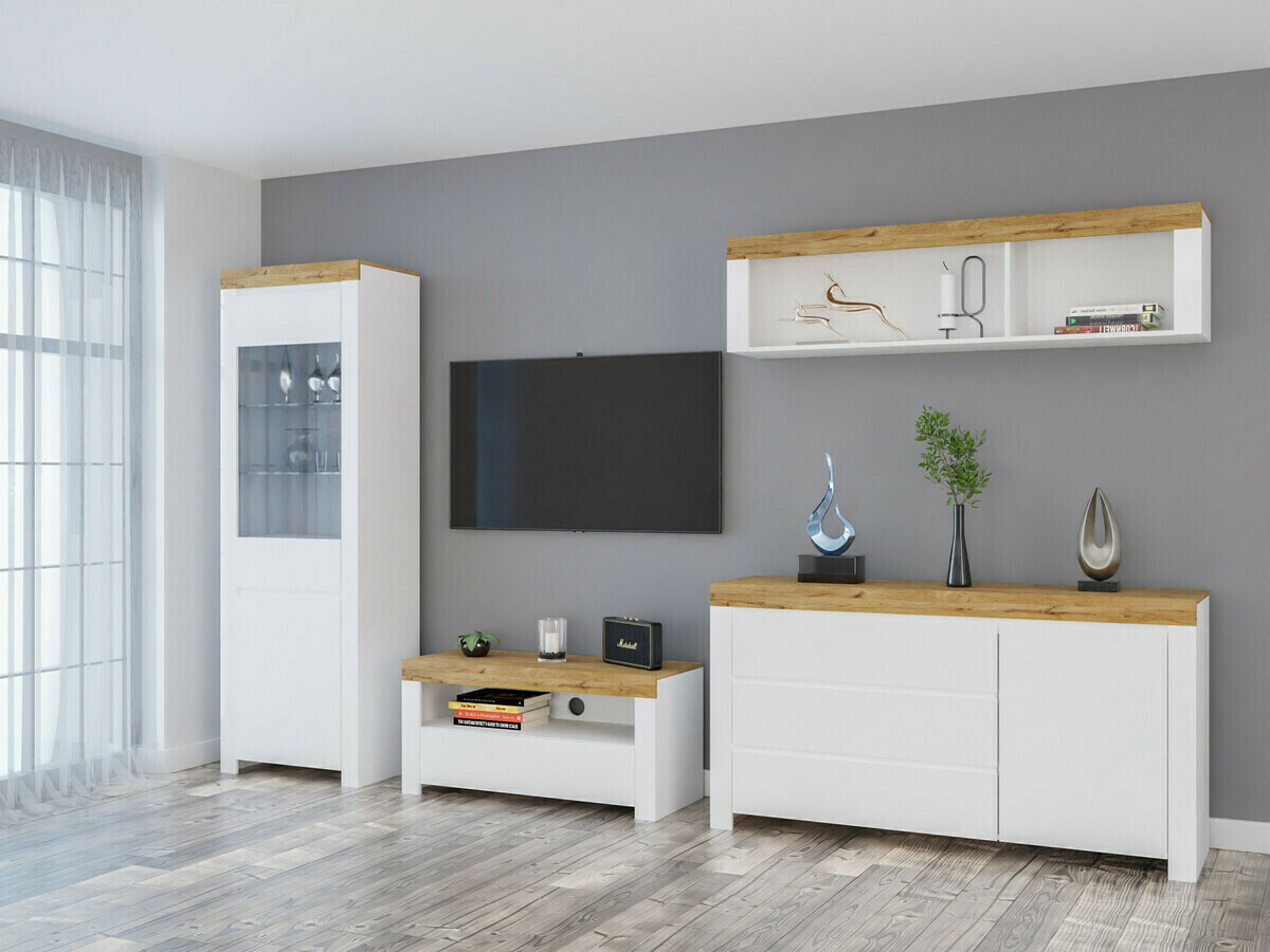 Ladekast Sonsoru 100 (Wit + Glanzend wit + Wotan eik)