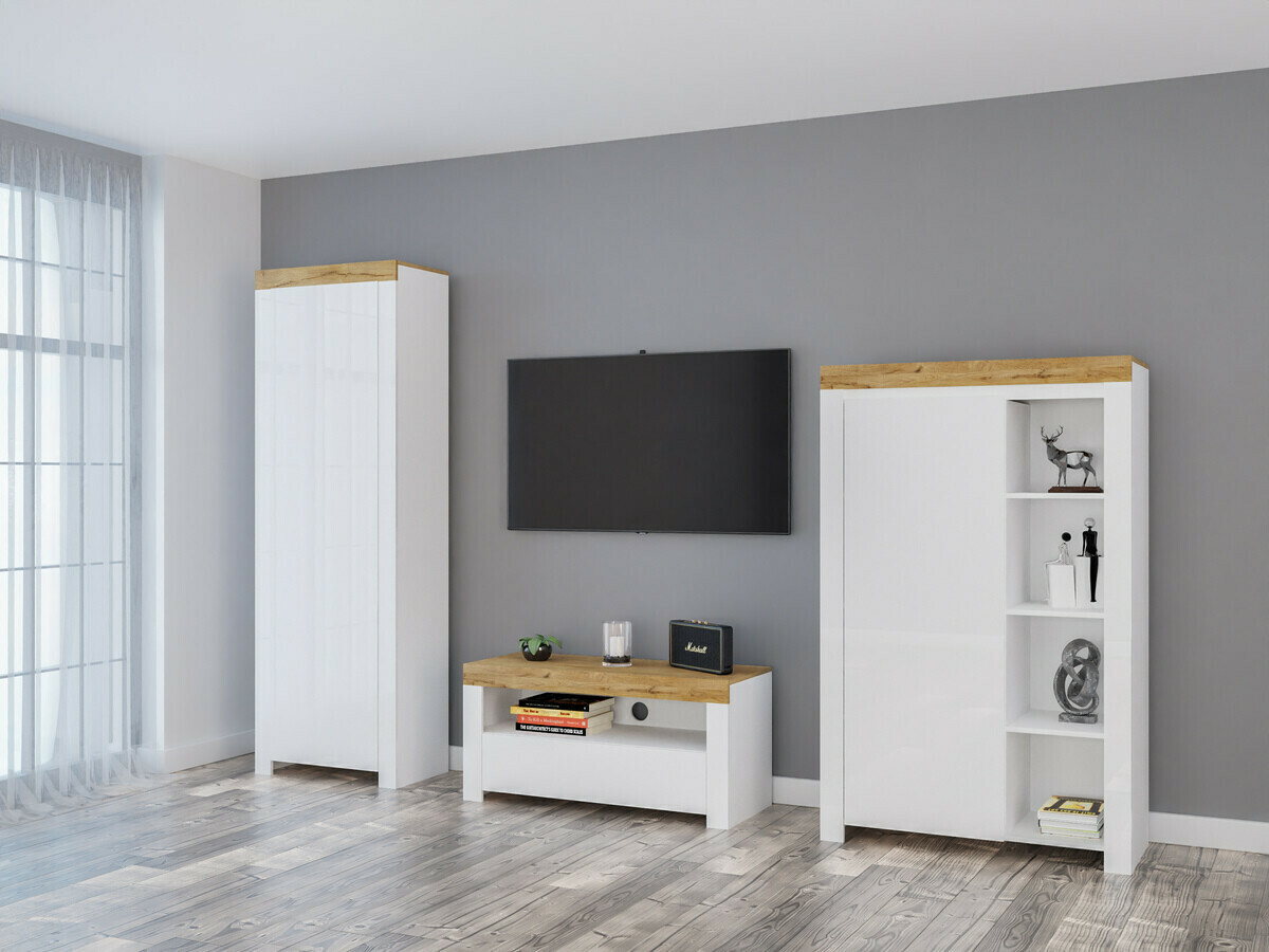 TV-meubel Sonsoru 107 (Wit + Glanzend wit + Wotan eik)