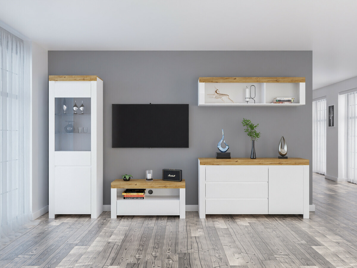 Woonkamerset Sonsoru 144 (Wit + Glanzend wit + Wotan eik)