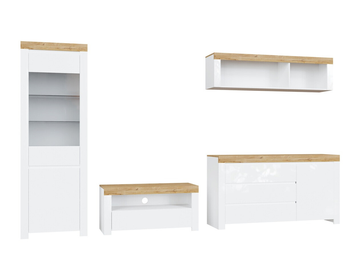 Woonkamerset Sonsoru 144 (Wit + Glanzend wit + Wotan eik)