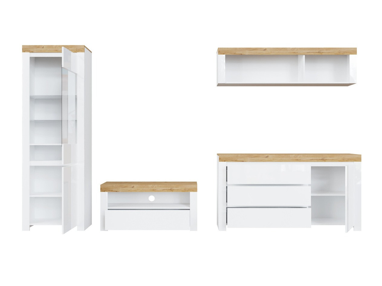 Woonkamerset Sonsoru 144 (Wit + Glanzend wit + Wotan eik)