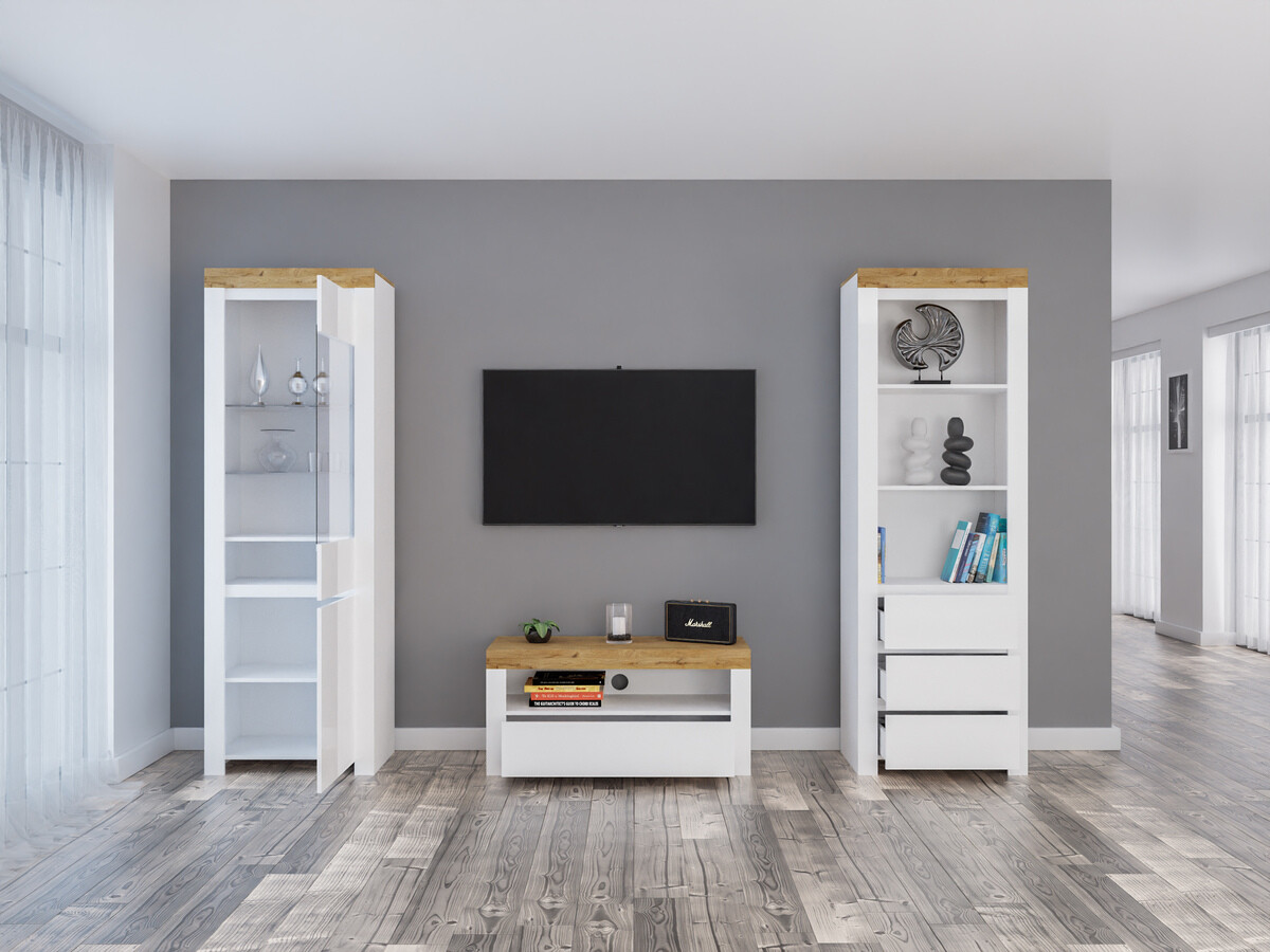 Woonkamerset Sonsoru 145 (Wit + Glanzend wit + Wotan eik)