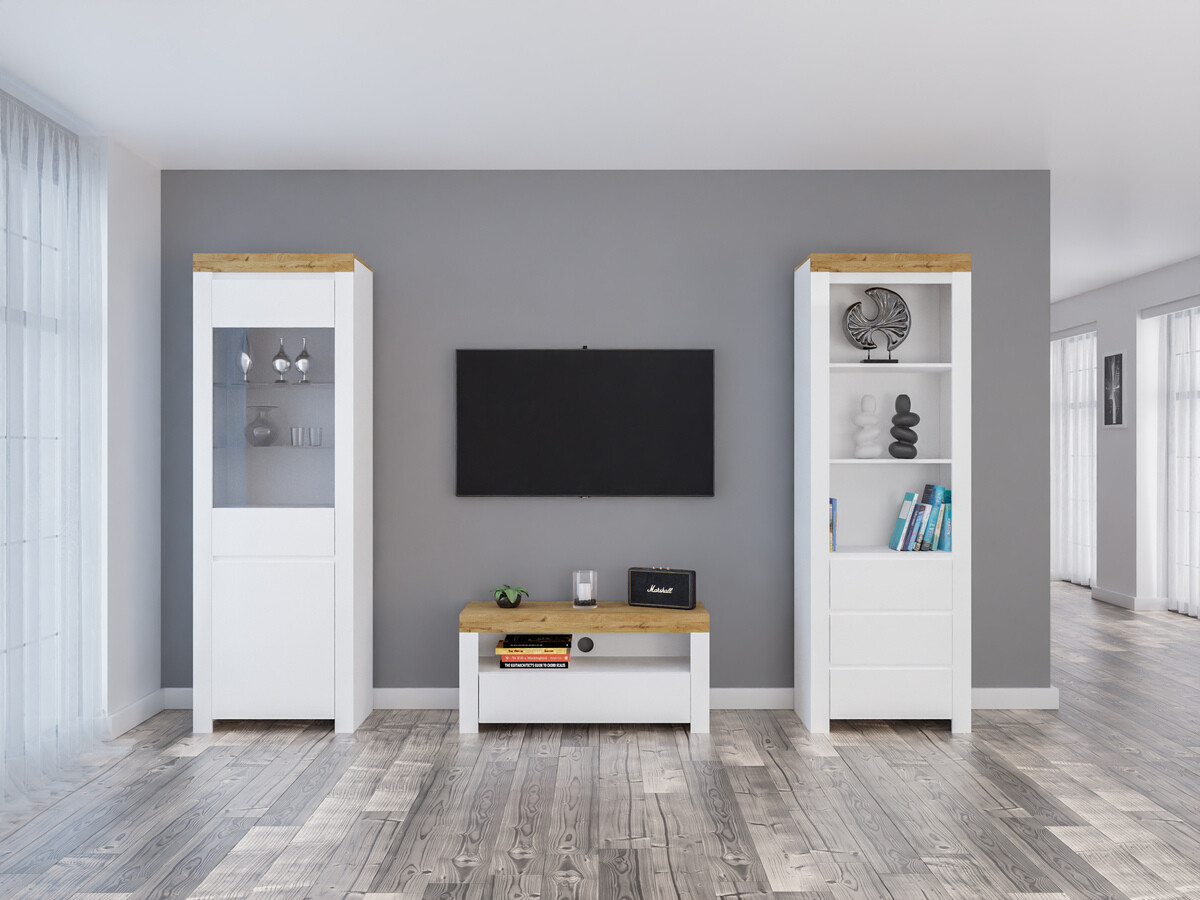 Woonkamerset Sonsoru 145 (Wit + Glanzend wit + Wotan eik)