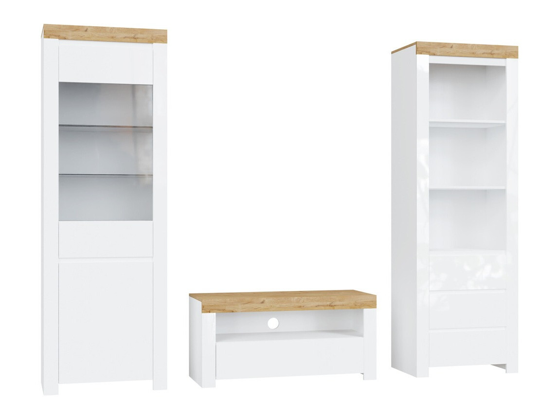 Woonkamerset Sonsoru 145 (Wit + Glanzend wit + Wotan eik)