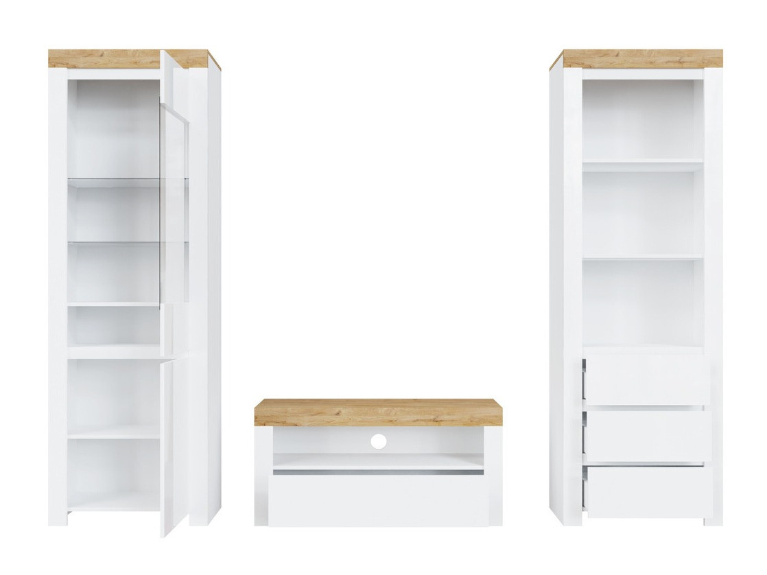 Woonkamerset Sonsoru 145 (Wit + Glanzend wit + Wotan eik)