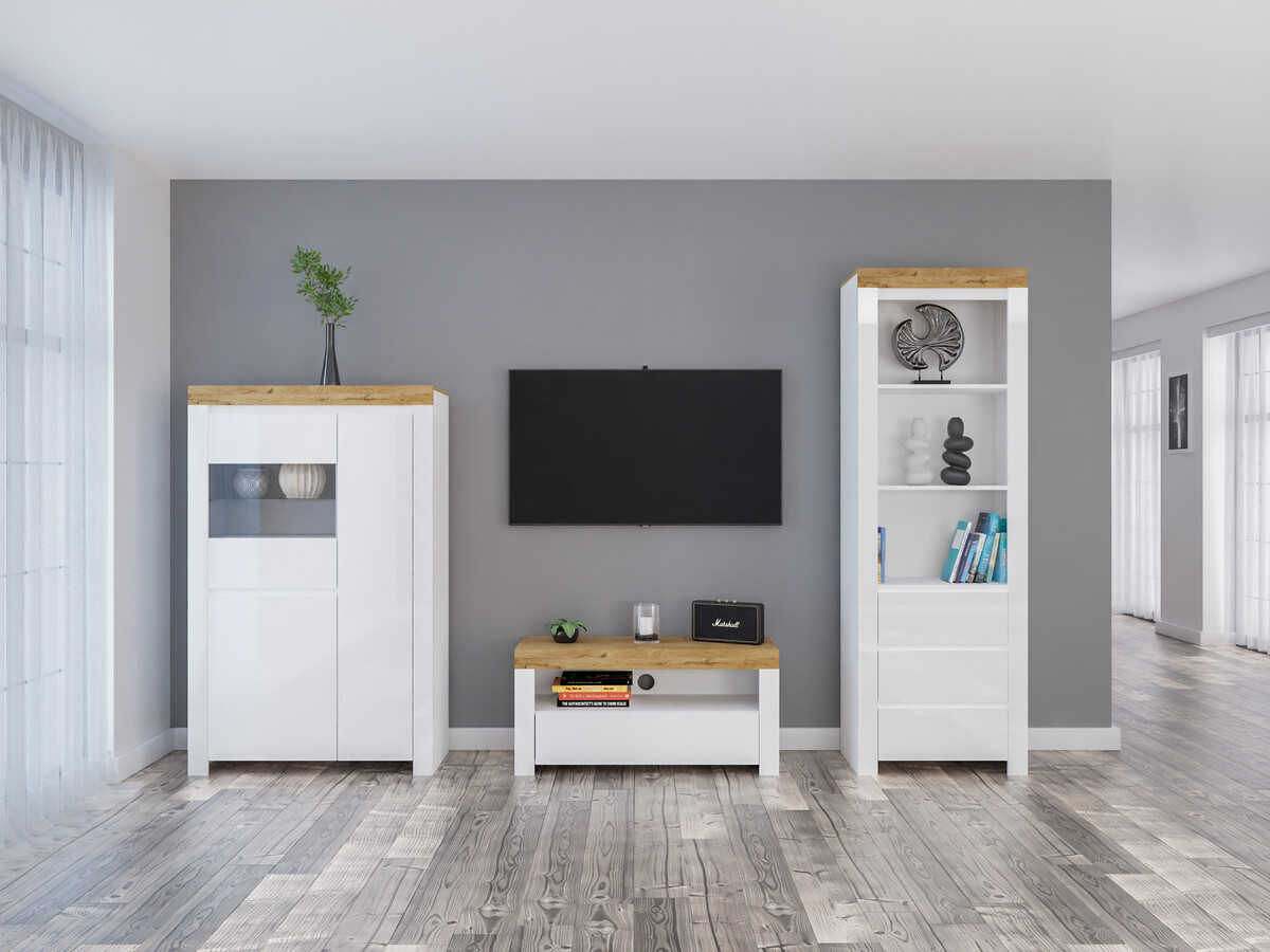 Woonkamerset Sonsoru 146 (Wit + Glanzend wit + Wotan eik)