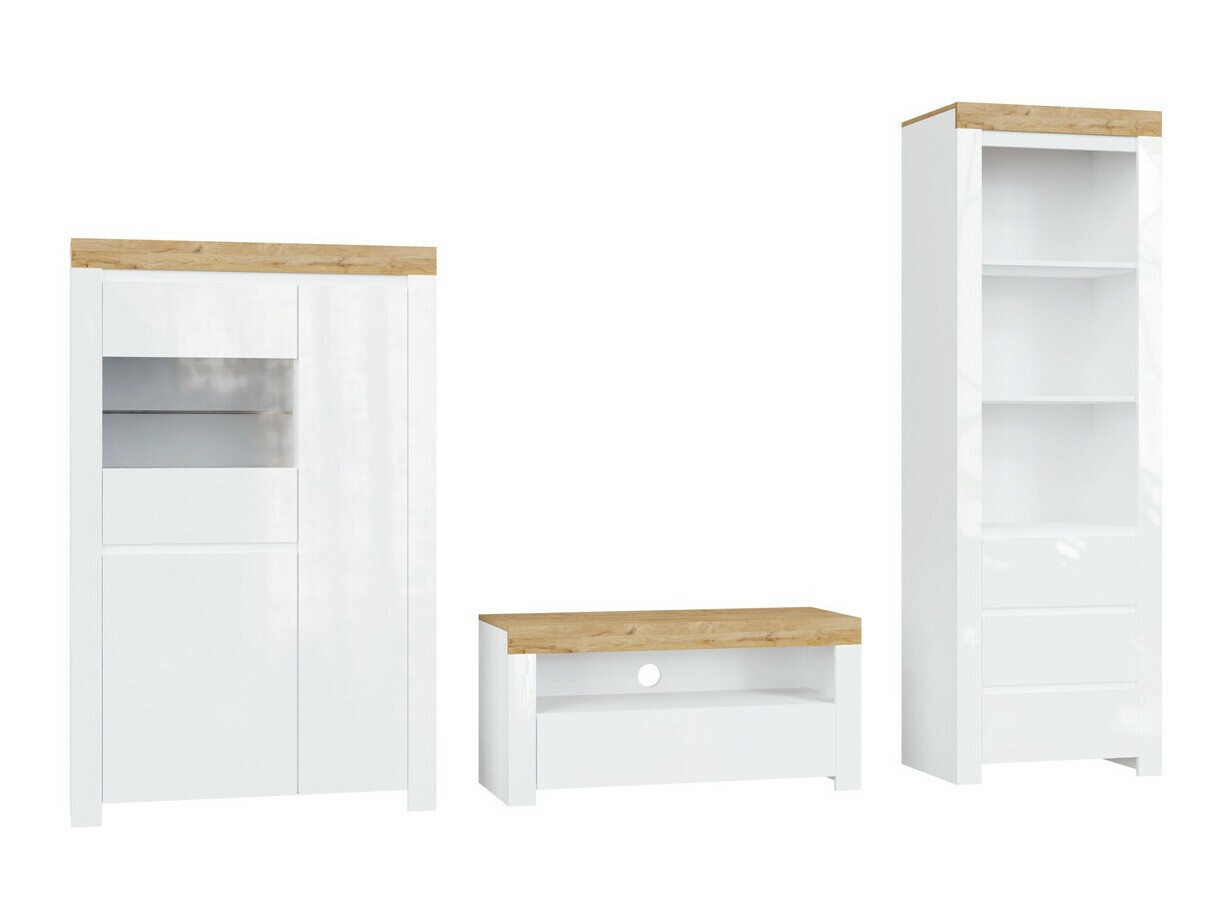 Woonkamerset Sonsoru 146 (Wit + Glanzend wit + Wotan eik)