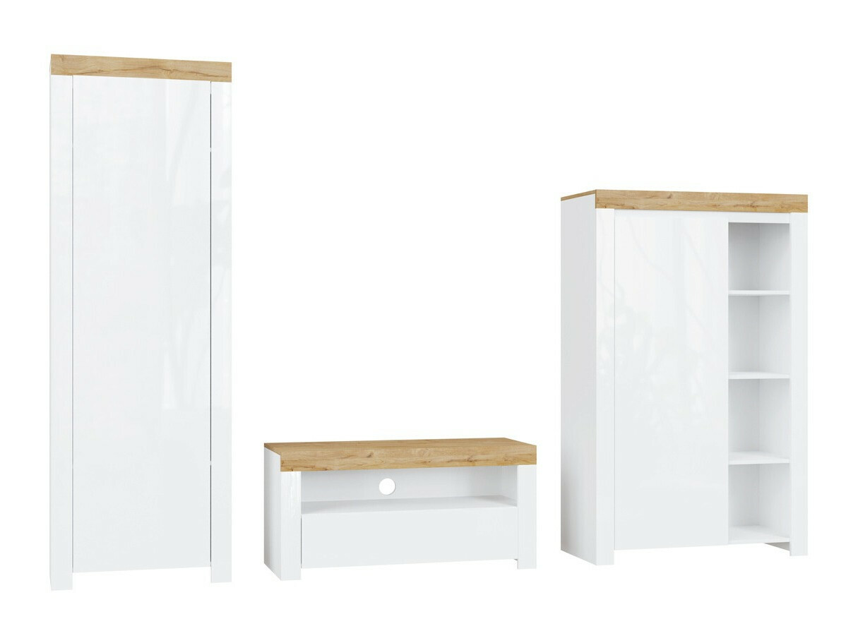 Woonkamerset Sonsoru 147 (Wit + Glanzend wit + Wotan eik)